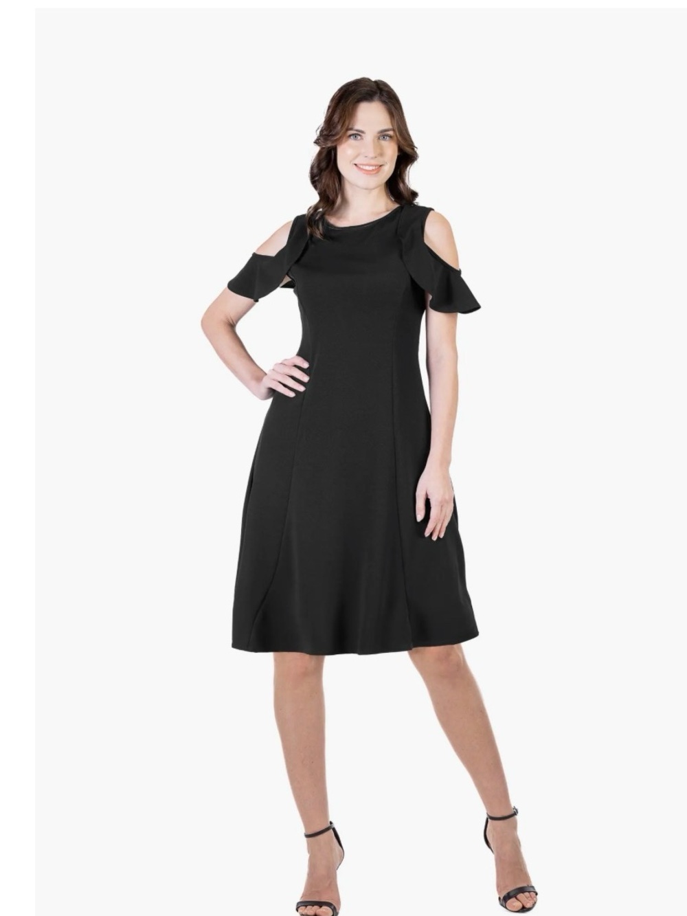 24Seven Black Cold-Shoulder A-Line Dress with Flutter Sleeves